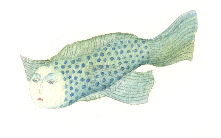 green fish with human face